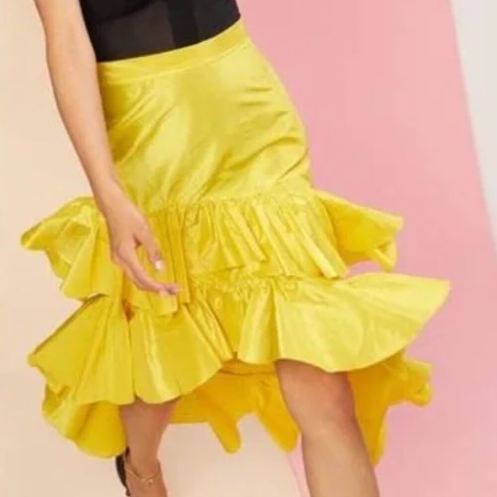 NWT Cynthia Rowley Camila Asymmetric Tiered Ruffle Skirt Black Silk Taffeta Sz 0